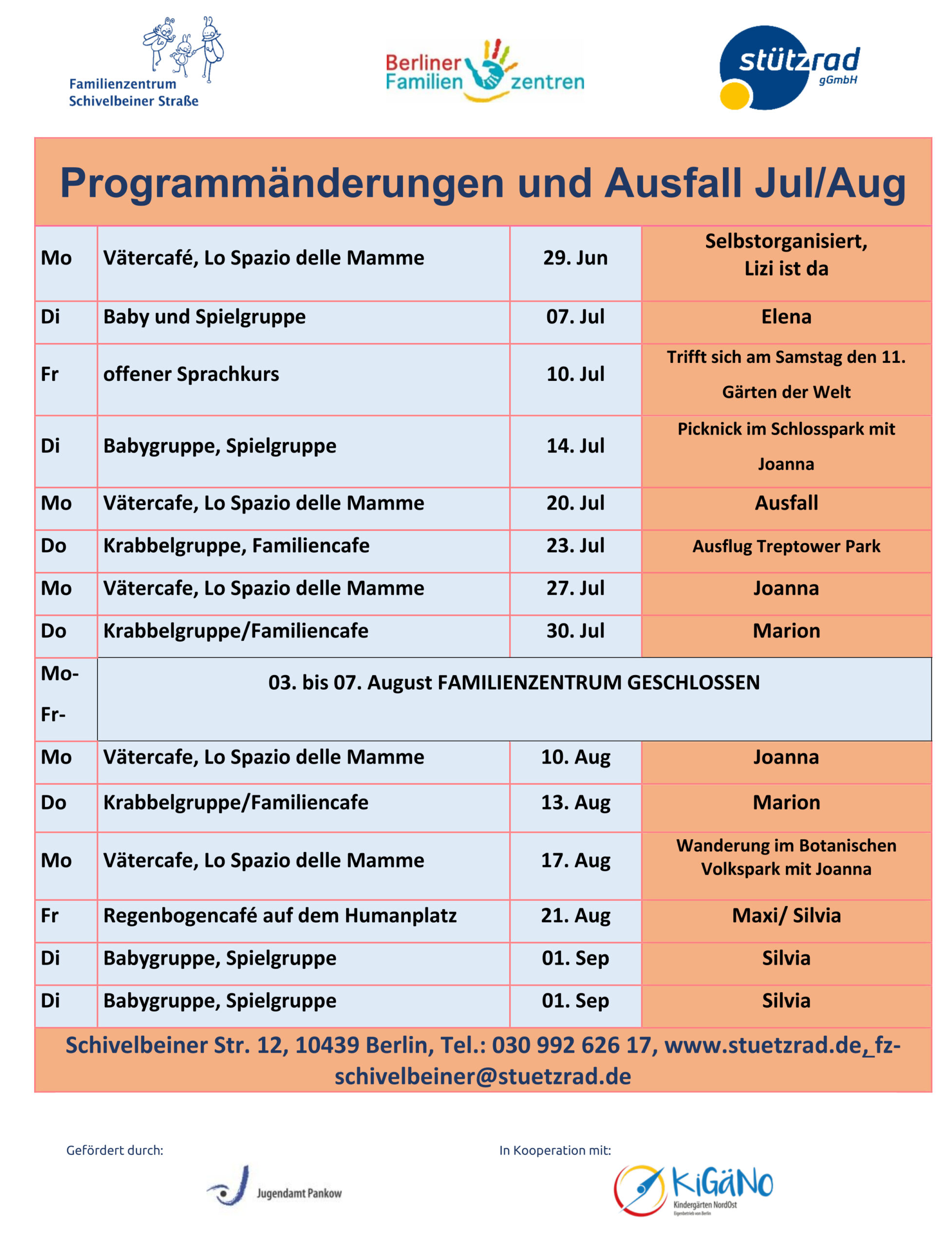 Änderungen und Ausfallprogramm des Familienzentrums