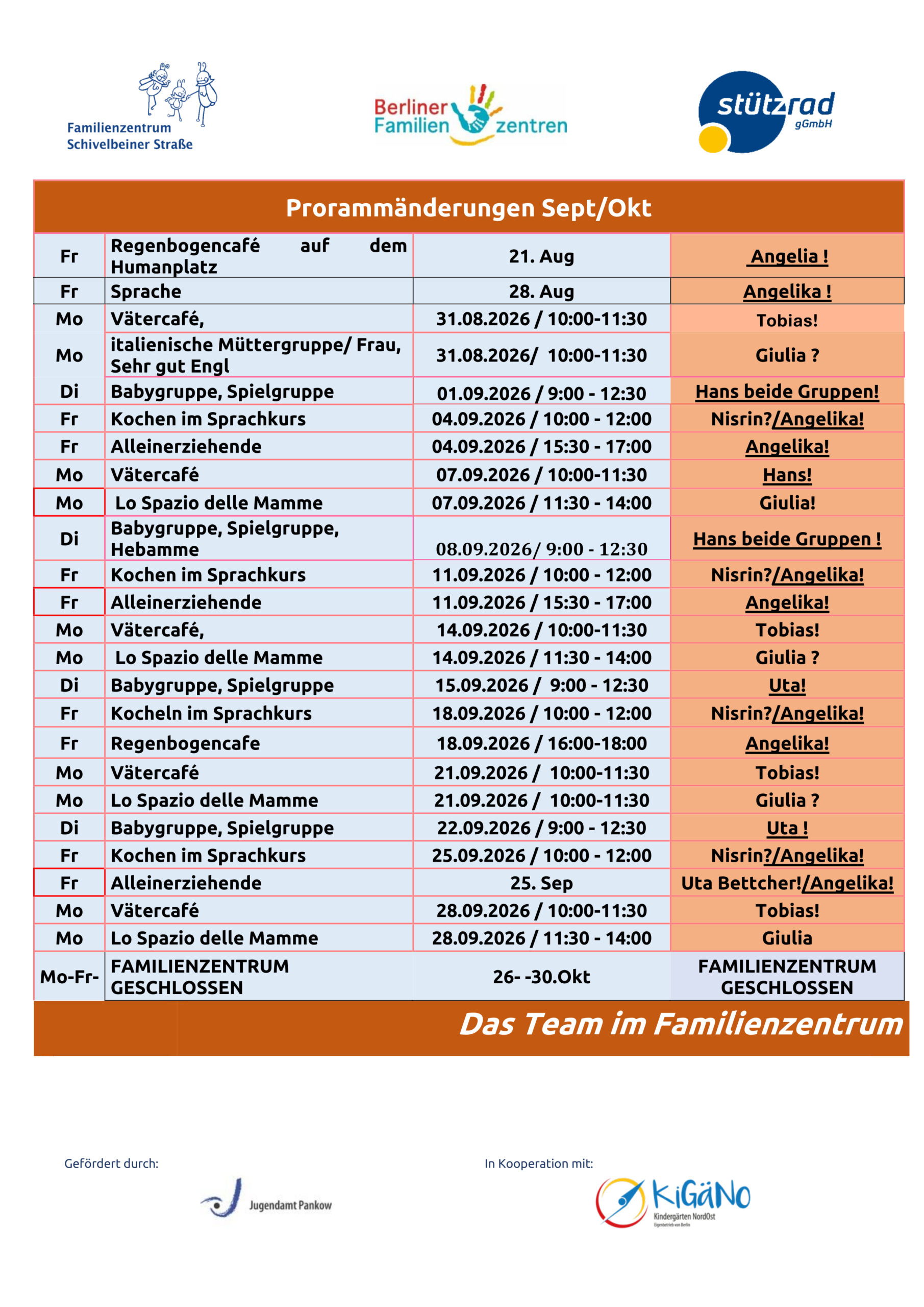 Ausfallplan für September und Oktober